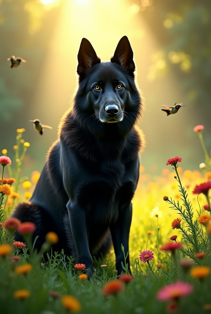 A very black dog in a green field full of flowers with sun and hummingbirds