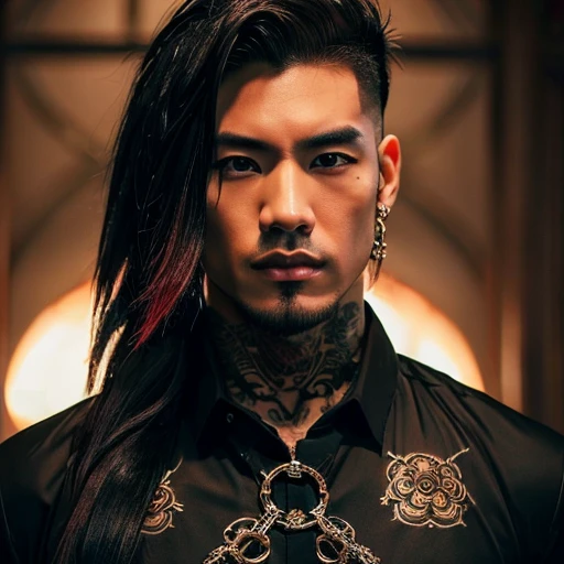 1 man, Japanese man, male, Asian eyes, muscular, broad shoulders, yakuza tattoos, hairstyle Visual Kei style, hair Visual Kei, black men's shirt and black pants, ultra detailed face, hyperrealistic, realistic representation, long hair, long hair, 30 years old, age 30 years, blonde hair