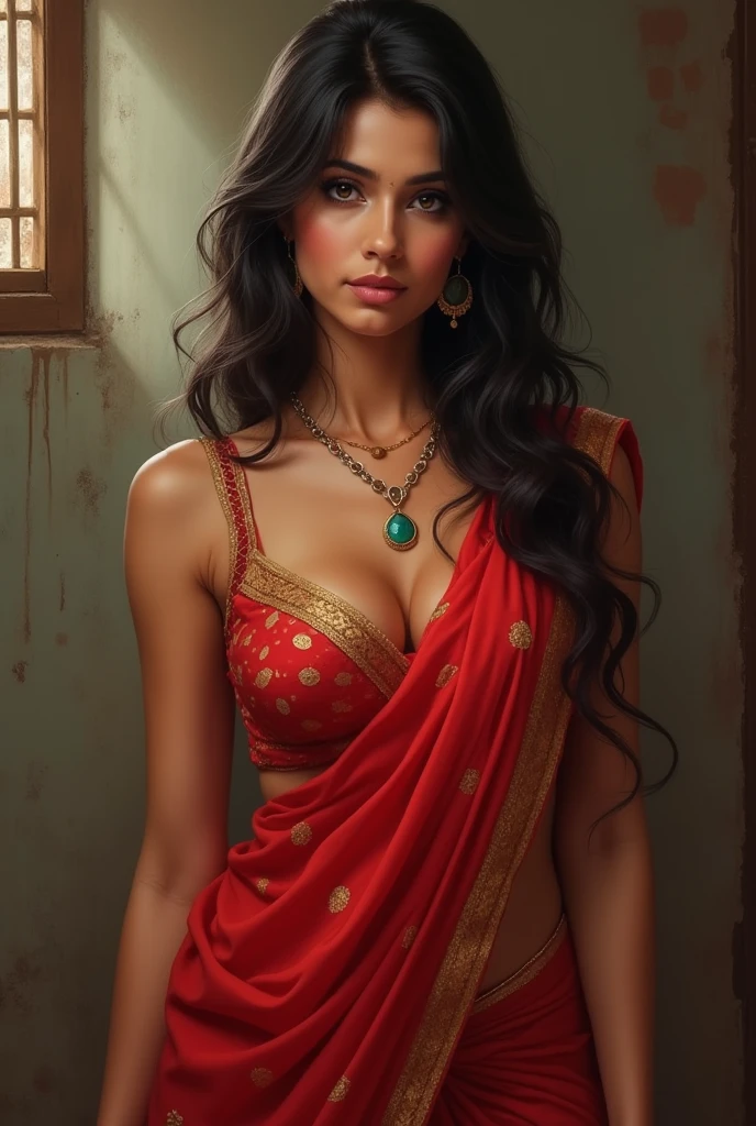 Realistic, Indian erotic woman, mangalsutra, red saree, cleavage, sleeveless, hairy armpits, flaws, flawed, realistic scenario, innocent face, seductive smirk