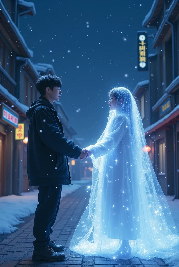 An Asian man walking on a snowy night in the streets of Korea looking up at the stars and the spirit of a young-looking man with mullet hair grabs his hand without him realizing it, at his side with his back turned, both Yeonjun from TXT and Beomgyu from TXT