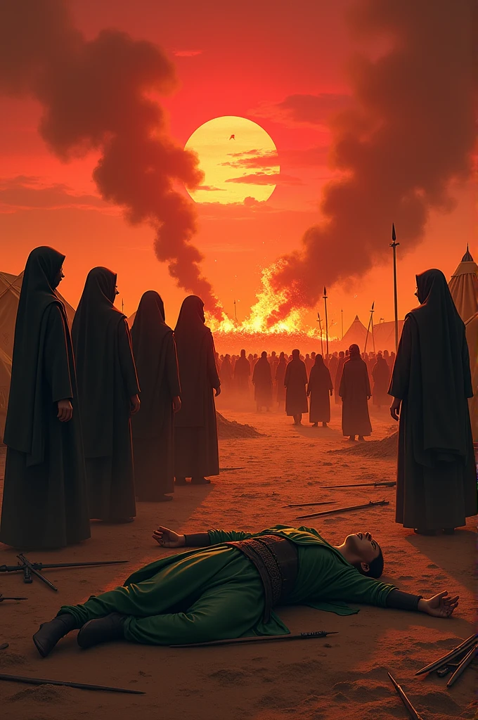 Sun set, blood sky, burning tents, burning date trees, 5 women which wear Proper black hijab who stand outside the tents, a bloody ground, javelin, sword, Arrow everywhere on ground, Arrows from sky, fire woods, a army which wear read hijabs and going towards burning tents, a men which wear Proper green hijab and battle dress which falling on ground and a javelin across his chest