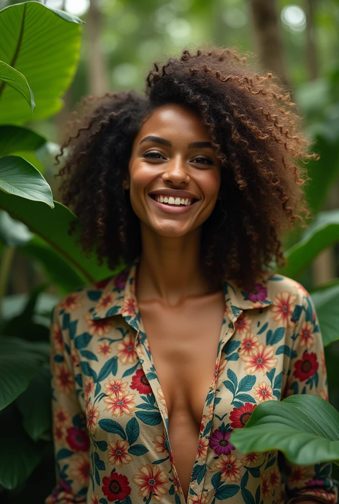 A Brazilian woman in a lush tropical garden, wearing an open shirt with a floral print, with a close-up capturing the harmonious beauty between her breasts and the natural flowers, showing off your natural charm and outgoing personality.