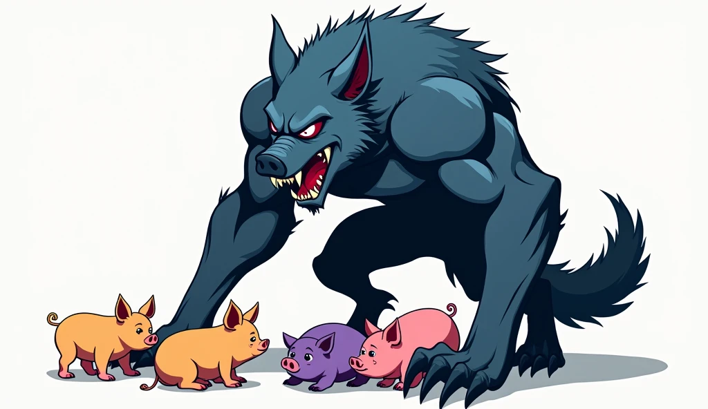 Blue character ( Werewolf) oppressing three other characters (piglets) a yellow, purple is pink. Without a background scenery. A more evil design