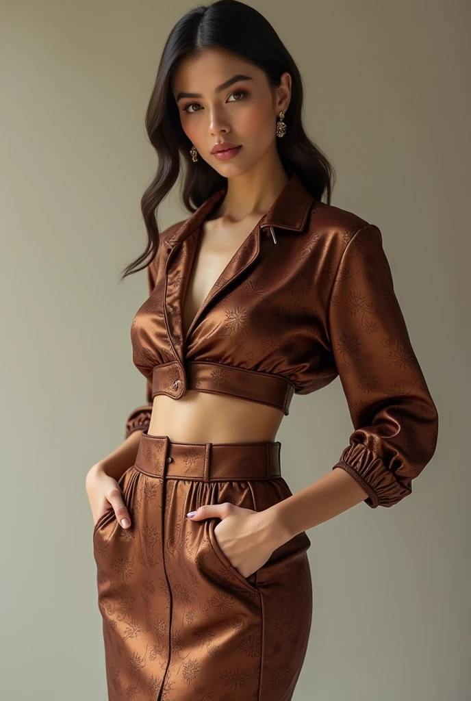 European woman model wearing a skirt and short blouse set with the same fabric in thick, highlighted brown relief