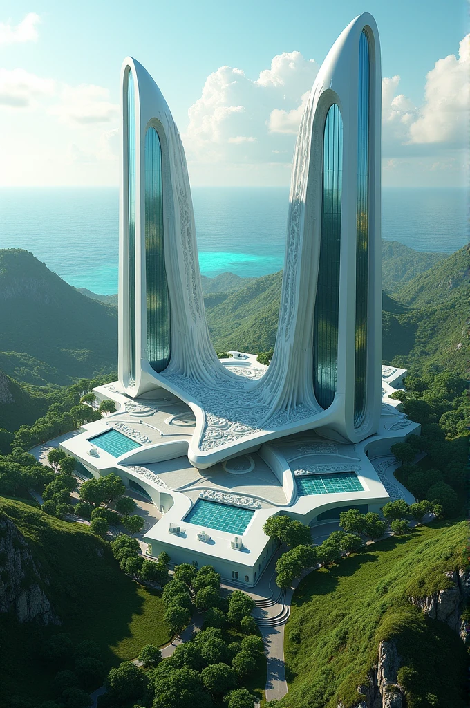 A set of modern scientific laboratory buildings with architecture from the 1960s, and inspired by the civilization of Atlantis
