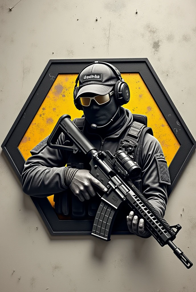 Create hexagonal rubberized petch cliché, named Lukinha airsoft and an assault operator carrying an m4 rifle wearing a cap and headset