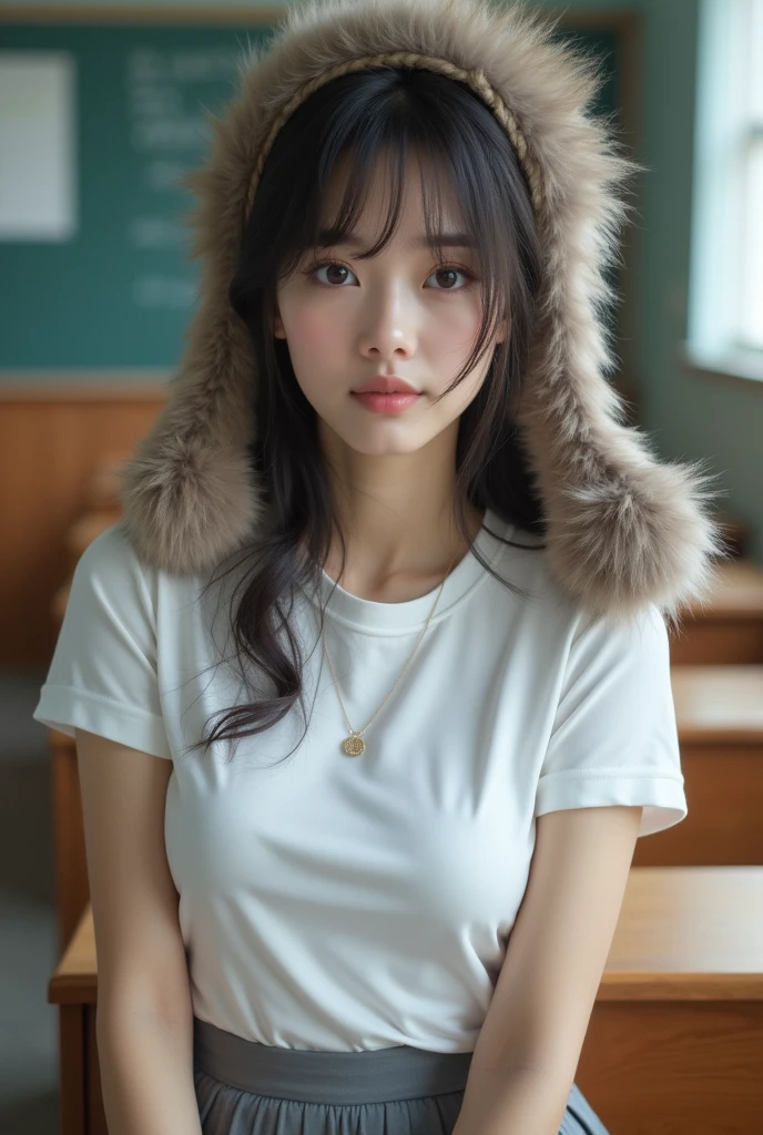 ((Highest quality)), ((masterpiece)), (detailed), Perfect Face, Beautiful Japanese Woman, White T-shirt, Fascinating, Face and body focus, (Large Breasts) , school uniform, Tight white silk blouse, Grey pleated skirt, Fluffy fur hood, Realistic, photograph, Shiny blouse, blush, In the classroom