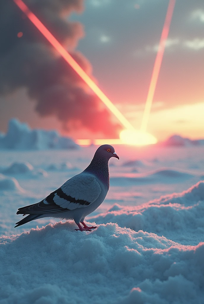 Pigeon in the Antarctic desert while the world is on fire and aliens destroy the earth with lasers