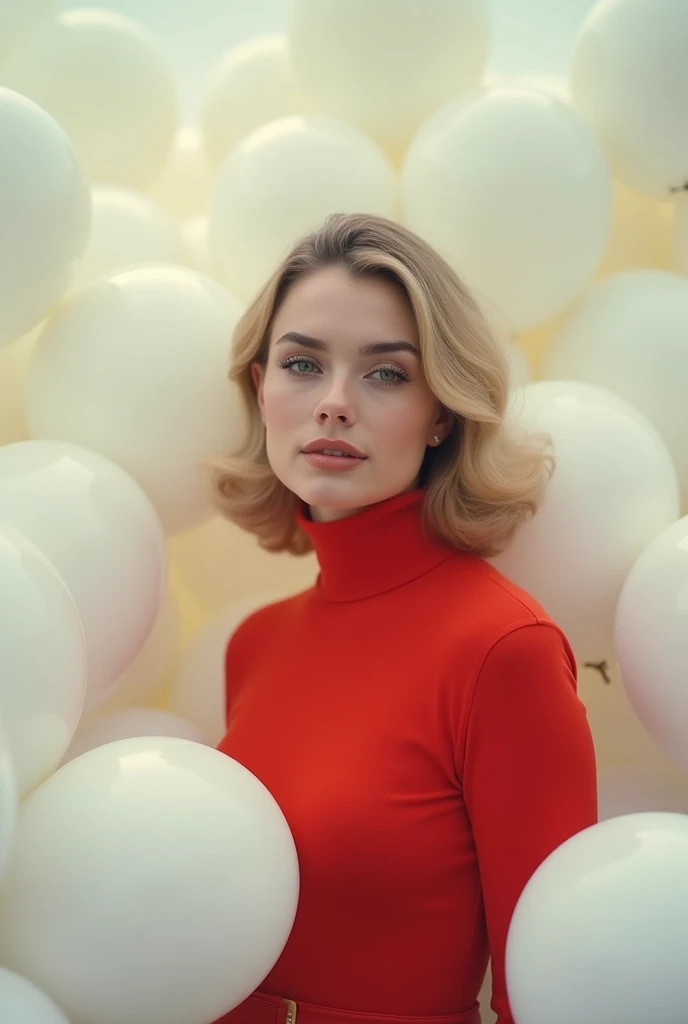 masterpiece, Best Quality, very detailed background, perfect lightingBest Quality,Fashion portrait photo of a beautiful 60s young woman in a red turtleneck sweater standing in the middle of a ton of white balloons., Taken with a Hasselblad medium format camera.