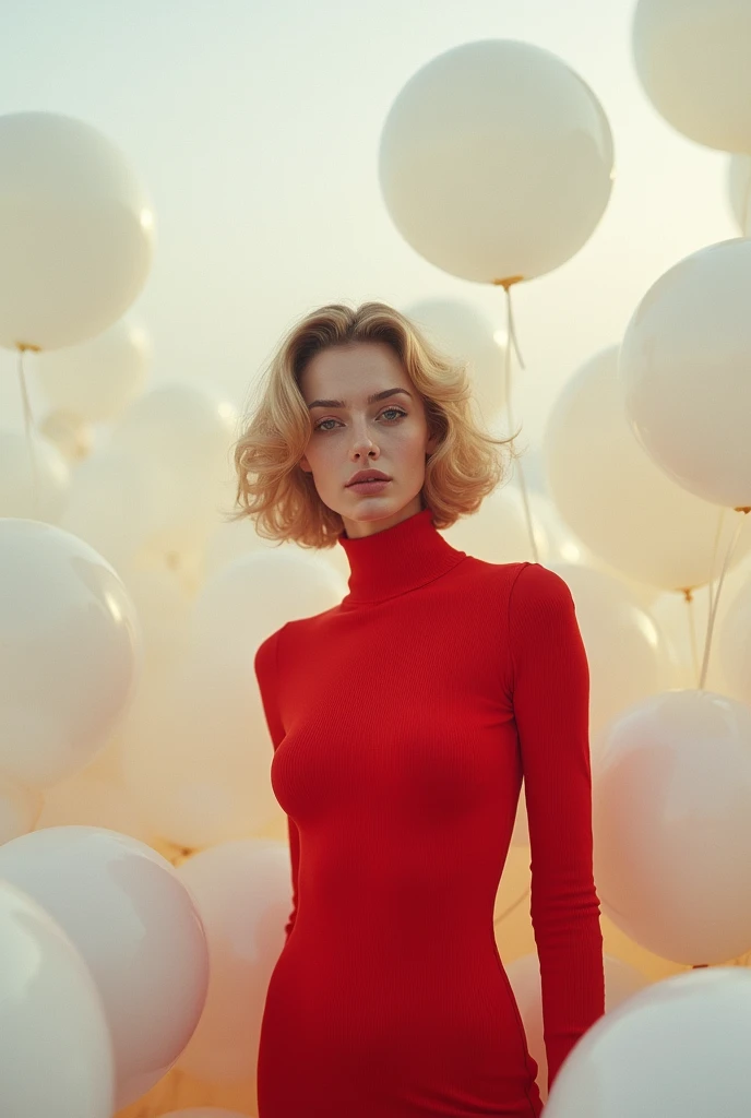masterpiece, Best Quality, very detailed background, perfect lightingBest Quality,Fashion portrait photo of a beautiful 60s young woman in a red turtleneck sweater standing in the middle of a ton of white balloons., Taken with a Hasselblad medium format camera.