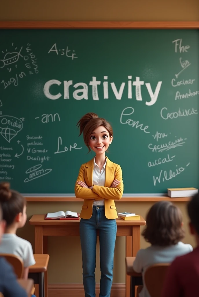 An art teacher in front of a blackboard which says the word  "creativity" 