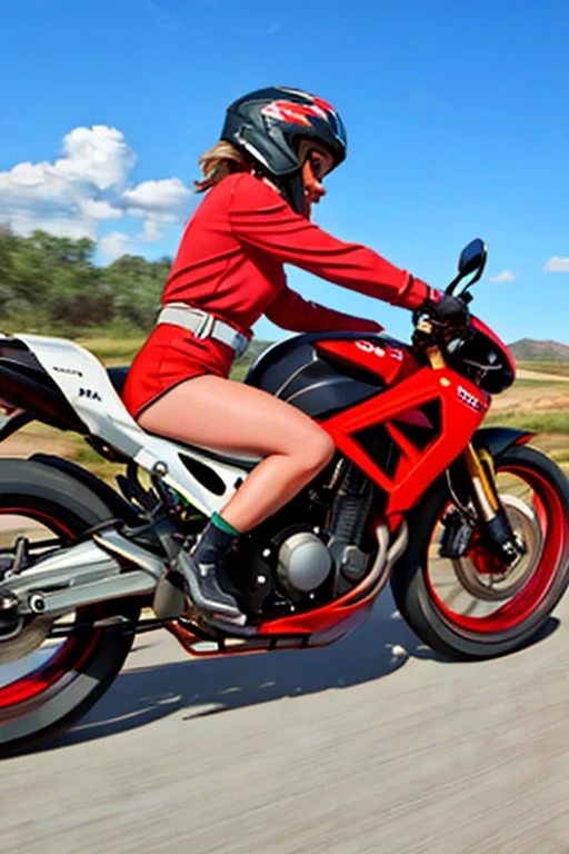 A girl is racing on a motorcycle towards the battlefield wearing a short skirt and short blouse with weapons.