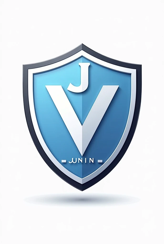 Create a 2D Argentine league style football shield in white and light blue with the initials: V and J on the shield and behind the shield, White background. and that it says Junin on the shield. with more details with 2d lines all and with black edges and some elements