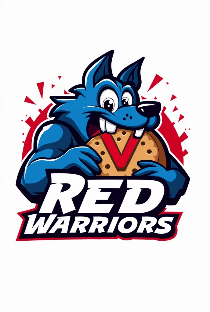 Volleyball team logo featuring a blue anthropomorphic animal eating a cookie with the letter "Red Warriors" written on it