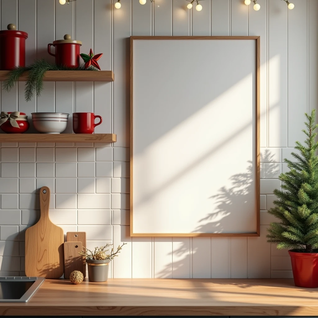 An ultra-realistic Christmas kitchen featuring a vertical DIN A-sized blank canvas in a white frame hanging on the wall near the dining nook. The canvas remains largely white, with only minimal and soft reflections from the string lights draped around the kitchen window. The holiday decor includes festive kitchenware, red and green accents, and a small potted Christmas tree, creating a cozy holiday environment. The subtle light reflections and gentle shadows add depth without overwhelming the clean, blank canvas