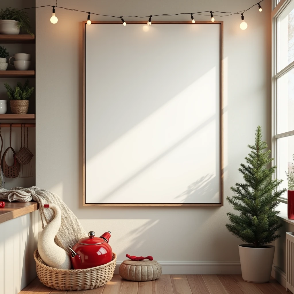 An ultra-realistic Christmas kitchen featuring a vertical DIN A-sized blank canvas in a white frame hanging on the wall near the dining nook. The canvas remains largely white, with only minimal and soft reflections from the string lights draped around the kitchen window. The holiday decor includes festive kitchenware, red and green accents, and a small potted Christmas tree, creating a cozy holiday environment. The subtle light reflections and gentle shadows add depth without overwhelming the clean, blank canvas