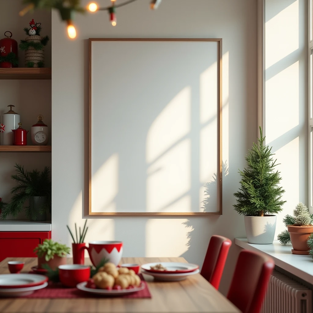 An ultra-realistic Christmas kitchen featuring a vertical DIN A-sized blank canvas in a white frame hanging on the wall near the dining nook. The canvas remains largely white, with only minimal and soft reflections from the string lights draped around the kitchen window. The holiday decor includes festive kitchenware, red and green accents, and a small potted Christmas tree, creating a cozy holiday environment. The subtle light reflections and gentle shadows add depth without overwhelming the clean, blank canvas