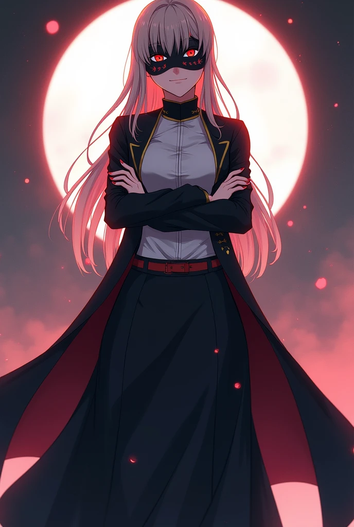 A woman with her mask and her arms crossed, With her long skirt uniform open on both sides and her half-open uniform that could show her breasts a little although without saying anything her curves were noticeable through the long skirt uniform of the anime Kimetsu no Yaiba 