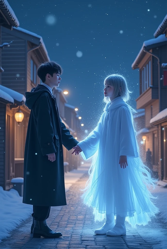 An Asian man walking on a snowy night in the streets of Korea looking up at the stars and the spirit of a young-looking man with mullet hair grabs his hand without him realizing it, at his side with his back turned, both Yeonjun from TXT and Beomgyu from TXT