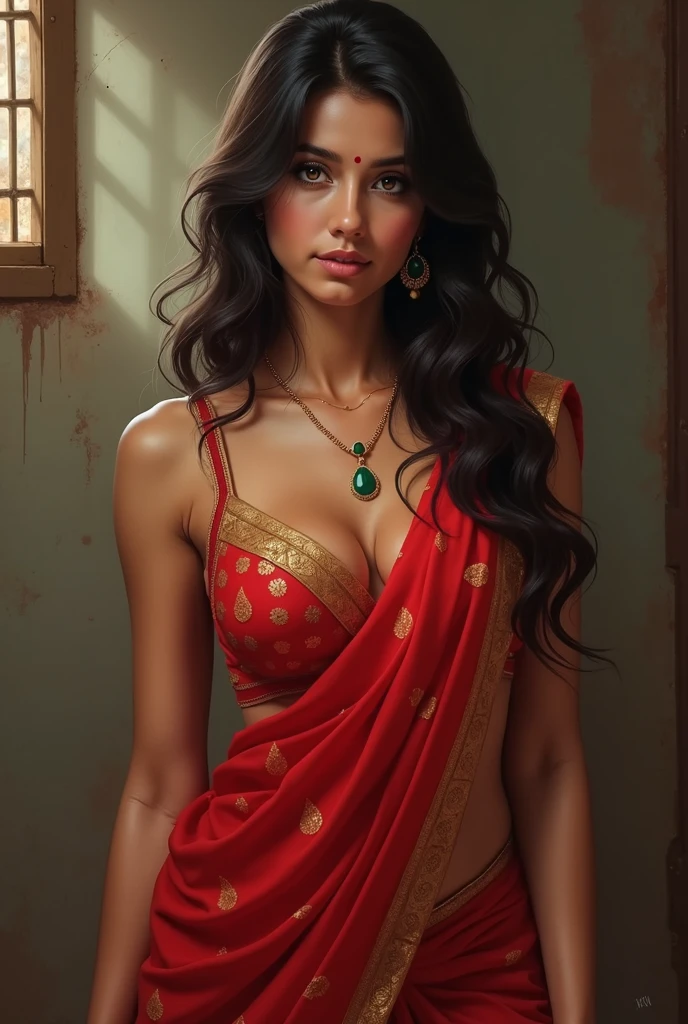 Realistic, Indian erotic woman, mangalsutra, red saree, cleavage, sleeveless, hairy armpits, flaws, flawed, realistic scenario, innocent face, seductive smirk