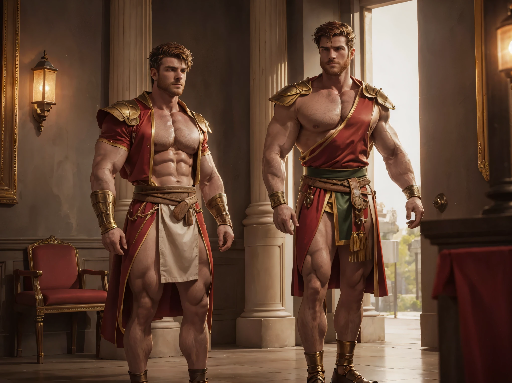 realist, (masterpiece), (photorealist:1.3), ultra detailed, (high detailed:1.2), (Best Quality:1.0), manly face, muscular, Tall Man, Red hair, chest hair, A man in royal costume, 30 years, covered in a small insulting armor, elegant, full body character sheet, lump between legs, MUSCLE BODY, full body view, inside a Greek Temple, loincloth made of very fine thread, corte de pelo, Wonderful lighting, light of the chosen. co