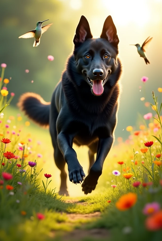 A very black dog running in a green field full of flowers with sun and hummingbirds