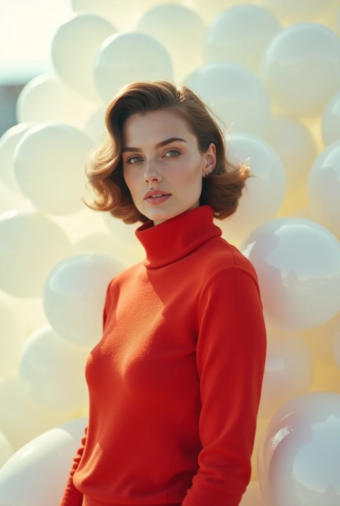 masterpiece, Best Quality, very detailed background, perfect lightingBest Quality,Fashion portrait photo of a beautiful 60s young woman in a red turtleneck sweater standing in the middle of a ton of white balloons., Taken with a Hasselblad medium format camera.