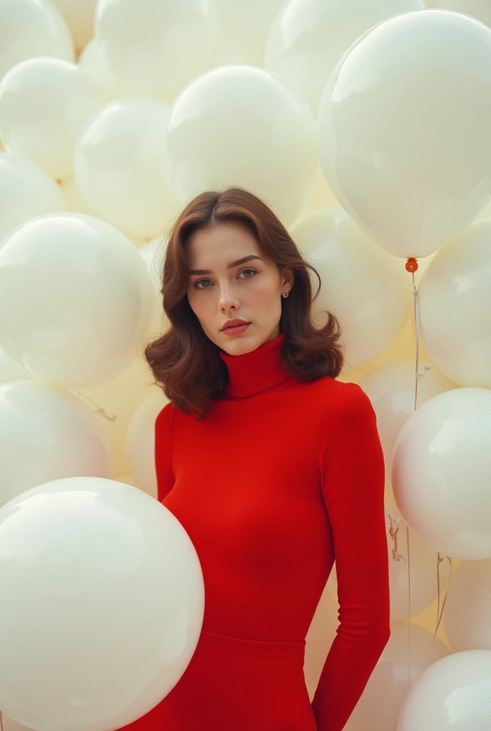 masterpiece, Best Quality, very detailed background, perfect lightingBest Quality,Fashion portrait photo of a beautiful 60s young woman in a red turtleneck sweater standing in the middle of a ton of white balloons., Taken with a Hasselblad medium format camera.