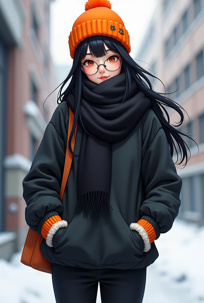 Black-haired female character with orange winter hat with glasses and black scarf with black sweatshirt and black pants with white fur