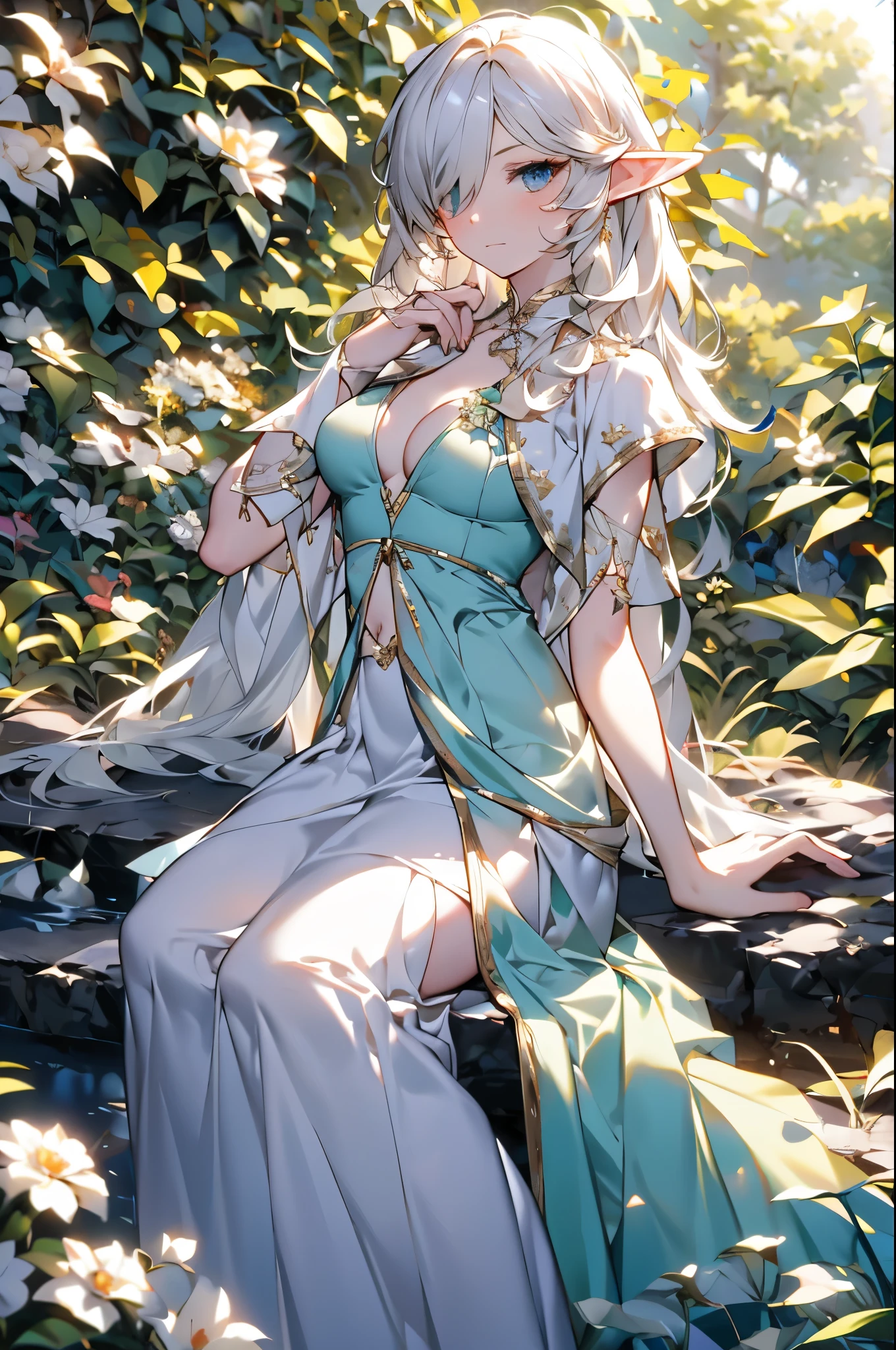 Pretty elf girl, Young woman, Long white hair with vines in it, wearing long green and blue dresses, facing forward, Beautiful older woman, Wearing eyepatch, Light green eye,m Mature, Sitting by river, character focused image, 1 girl, beautiful masterpiece, daylight, clear face, soft smile, light blue eyes, face clear and detailed in shot, Character takes up most of image