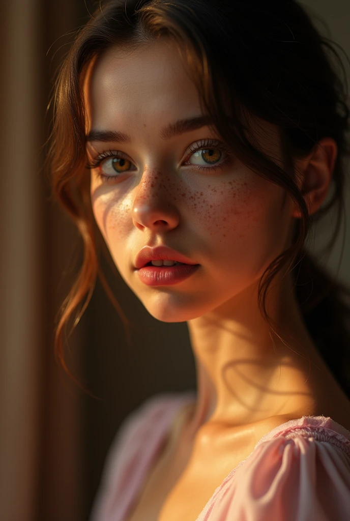 Sitting,a young girl with freckles, cinematic lighting, highly detailed face, beautiful detailed eyes, beautiful detailed lips, extremely detailed face and features, long eyelashes, intricate skin texture, warm color palette, dramatic lighting, cinematic composition, high quality, 8k, photorealistic, intricate details, masterpiece, full body, sexy poses, pink nipples and naked