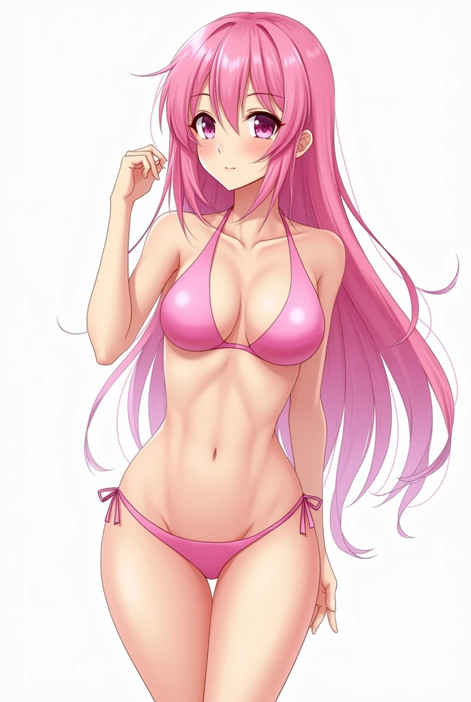 Anime girl long pink hair pink eyes and pink bikini white background
