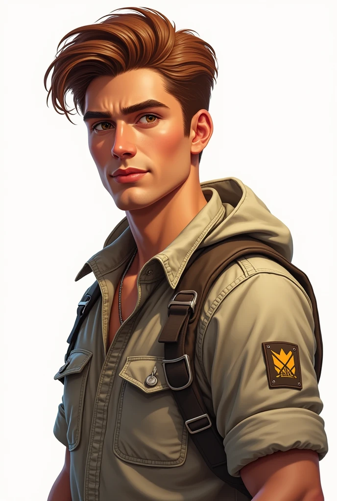 Create a hyper-realistic illustration of a young man, skin tanned, jaw and marked features, eyes browns, AND MEDIUM LONG HAIR, well combed back and coppery brown color, fully body, safari outfit, Background transparent