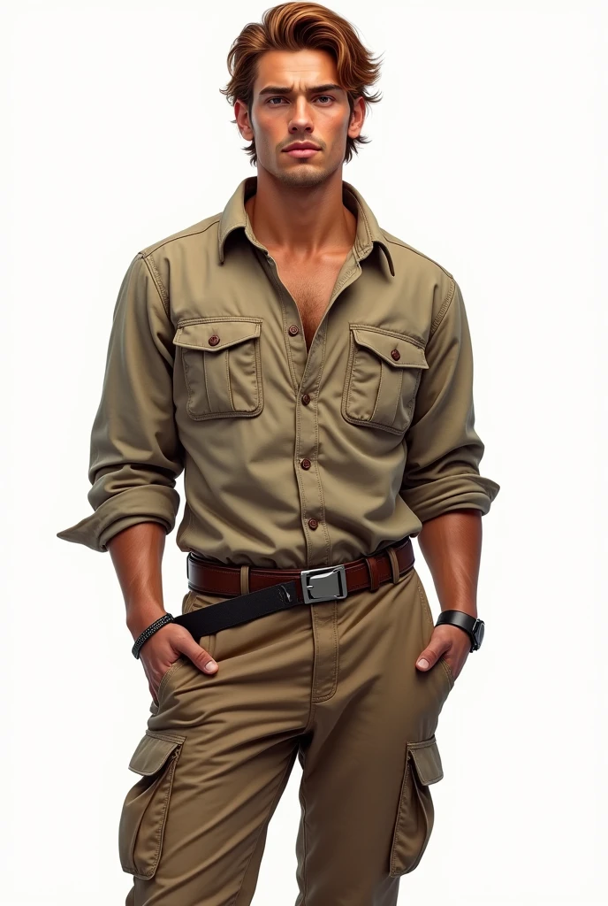 Create a hyper-realistic illustration of a young man, skin tanned, jaw and marked features, eyes browns, AND MEDIUM LONG HAIR, well combed back and coppery brown color, fully body, safari outfit, Background transparent