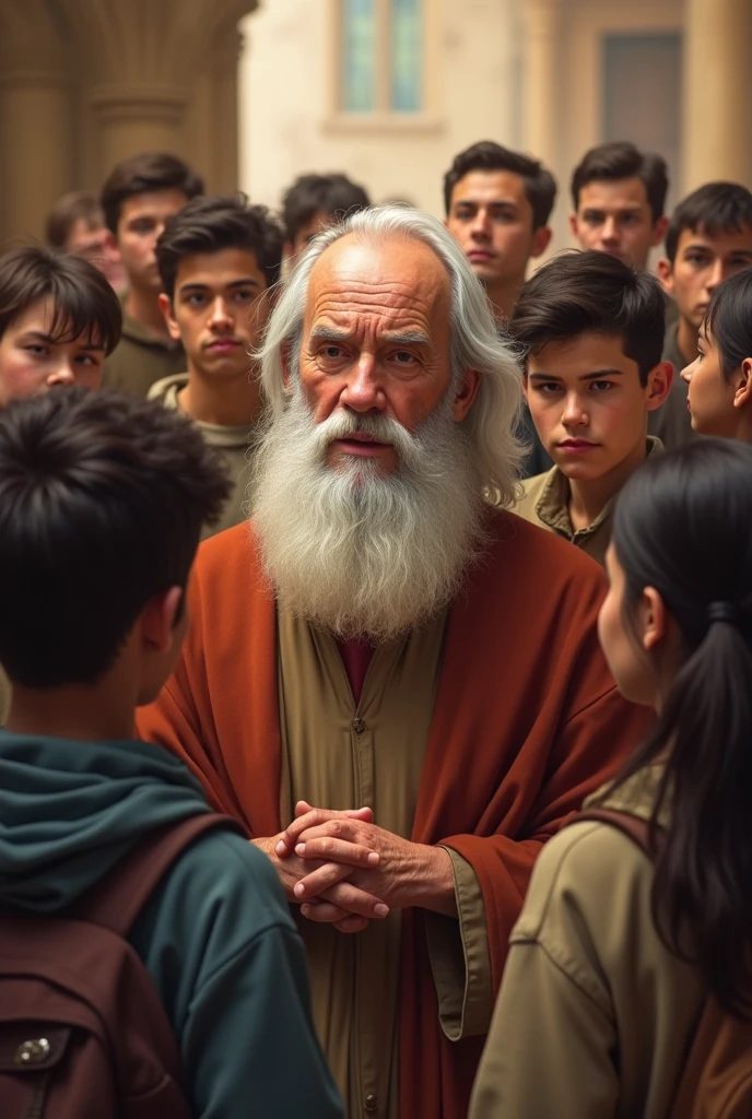 old priest, Without beard, together with young people