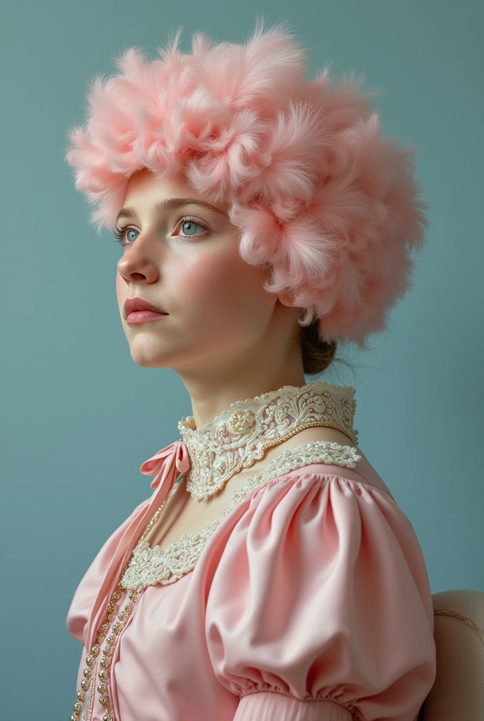 Portrait of a  girl, with the bust completely replaced by the head of a chicken, with pink clothes from a wealthy family in Argentina during the early years of the 20th century, in the style of neoclassical portraits of the nobility of the 19th century, on a light blue background.