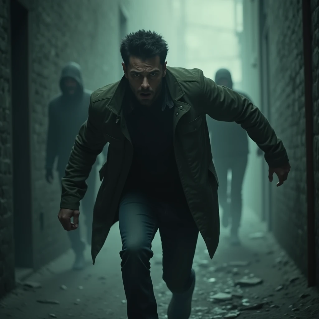 "The man quickening his pace, with a background showing ghostly footsteps following him. An expression of fear on his face."