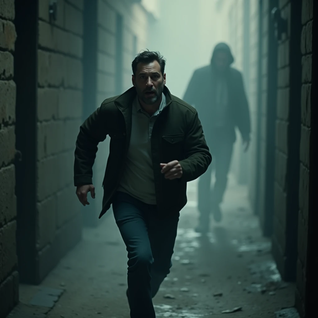 "The man quickening his pace, with a background showing ghostly footsteps following him. An expression of fear on his face."
