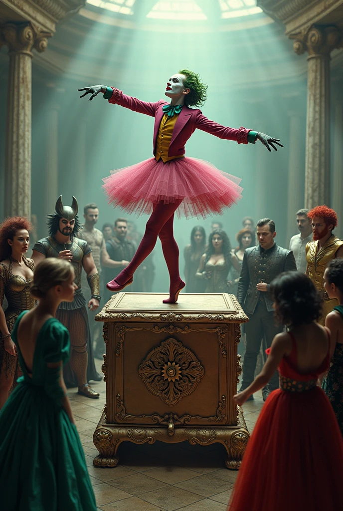Make a POST in which the joker turns a crank on the ballerina's box, but the ballerina would be the joker himself, and the other characters around Mad Hatter Cyborg Echo (Maya Lopez)
Jason Grace
Leo Valdez
Loki
Nico di Angelo
Piper McLean
Professor Xavier
Reyna Avila
Toph
Thor