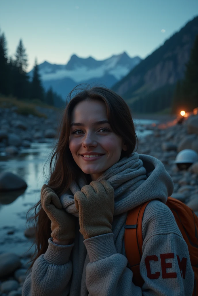 photorealistic, Best Quality, hyper detailed, beautiful woman, autophoto, Upper part of the body, Alone, wearing sweater, outdoor, (evening), mountains, real life nature, stars, officer, (happy, happy), sleeping bag, gloves, sweater, white work helmet, ON THE JACKET IT SAYS CEM , flashlight, forest, rocks, river, wood, smoke, fog, clear sky, analog style, looking at the viewer, skin texture, film grain, close up, ultra high resolution, best shadow, raw, InstagramLUT