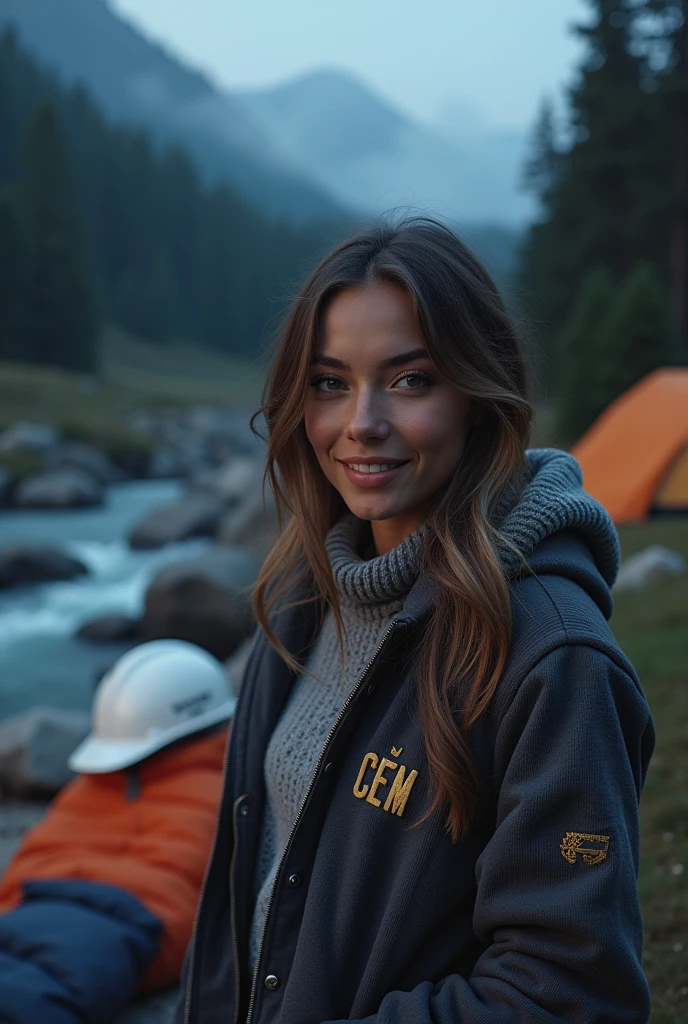 photorealistic, Best Quality, hyper detailed, beautiful woman, autophoto, Upper part of the body, Alone, wearing sweater, outdoor, (evening), mountains, real life nature, stars, officer, (happy, happy), sleeping bag, gloves, sweater, white work helmet, ON THE JACKET IT SAYS CEM , flashlight, forest, rocks, river, wood, smoke, fog, clear sky, analog style, looking at the viewer, skin texture, film grain, close up, ultra high resolution, best shadow, raw, InstagramLUT