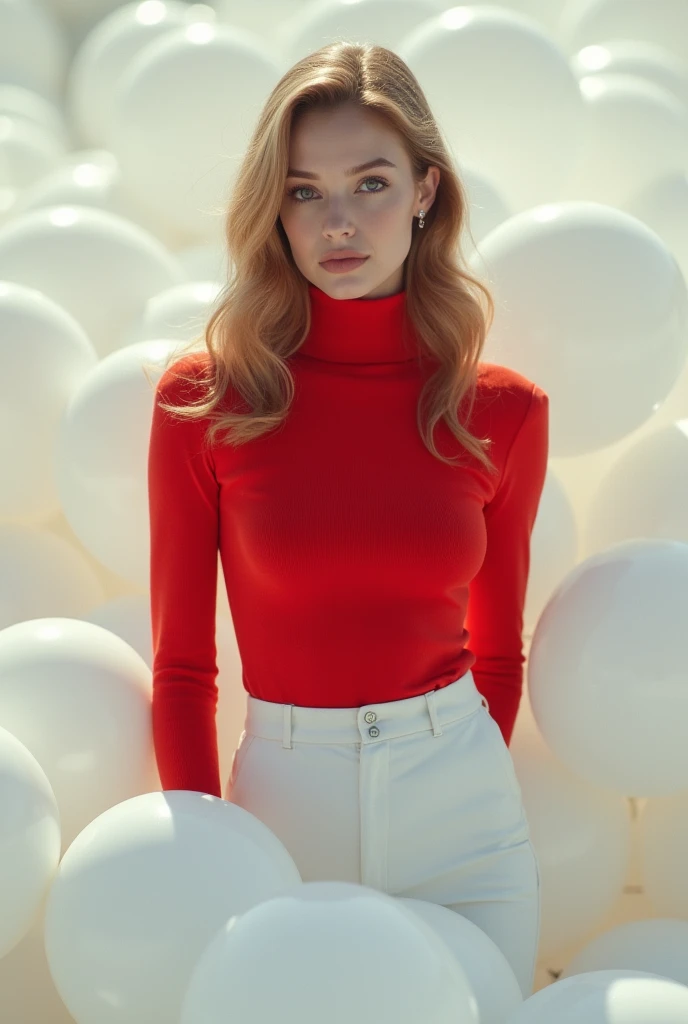 masterpiece, Best Quality, very detailed background, perfect lightingBest Quality,Fashion portrait photo of a beautiful 60s young woman in a red turtleneck sweater standing in the middle of a ton of white balloons., Taken with a Hasselblad medium format camera.