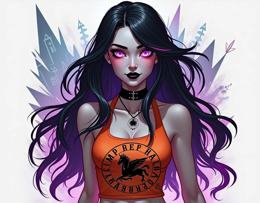 Create image for me : universo percy jackson + Teenage girl + has hair as black as night+ fluorescent neon purple tips+Your skin is white+ purple slanted eyes+ neon purple color+ black lips +red cheeks+more imposing and powerful appearance+ sexy hourglass body+ orange outfit+ Written " Camp Half Blood"+ pegasus on the shirt as a symbol+ caminhando no Camp Half Blood+ semi realistic image +digitl art