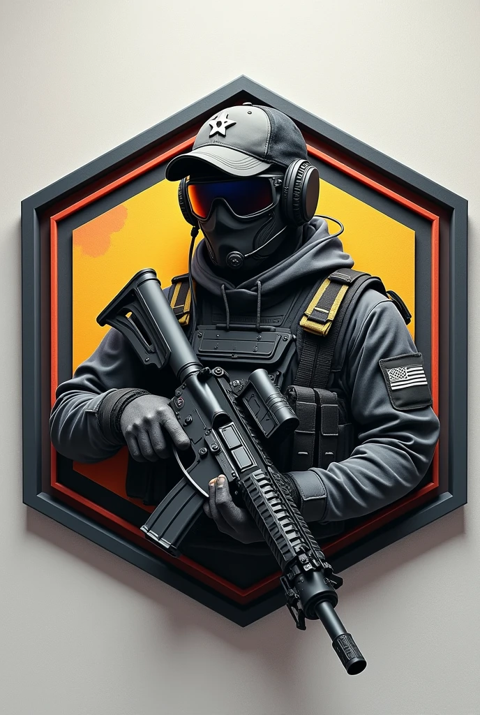 Create hexagonal rubberized coat of arms cliché, named Lukinha airsoft and an assault operator carrying an m4 rifle wearing a cap and headset