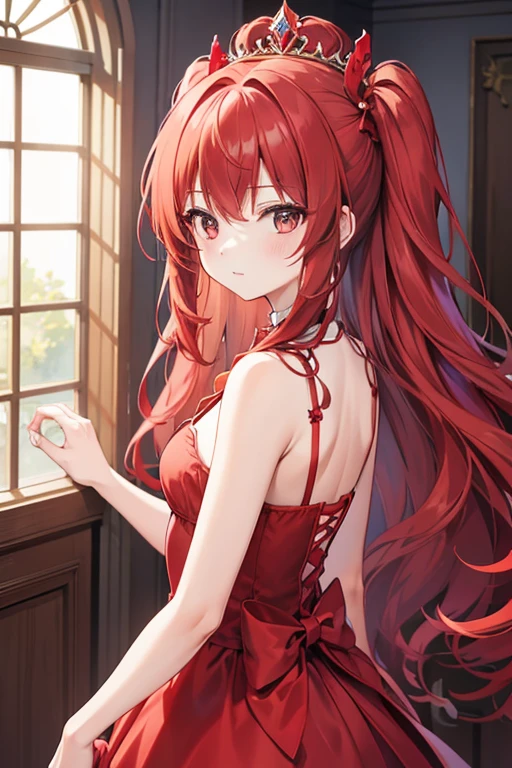 Female character with wavy red hair parted on two sides, wearing a red princess dress, in a ballroom 