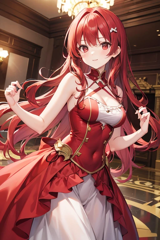 Female character with wavy red hair parted on two sides, wearing a red princess dress, in a ballroom 