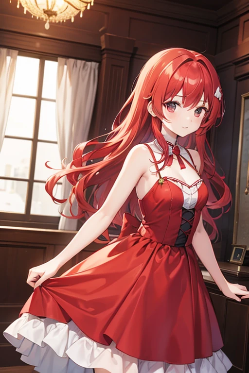 Female character with wavy red hair parted on two sides, wearing a red princess dress, in a ballroom