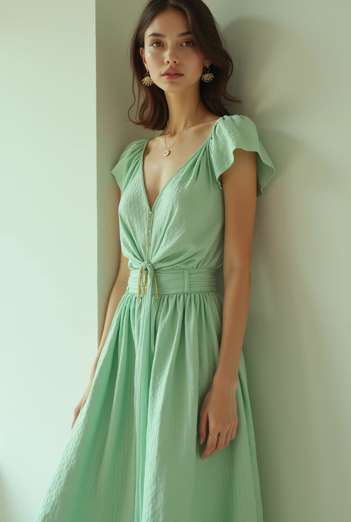 European woman model wearing a skirt and short strap blouse set with the same fabric in thick embossed light green