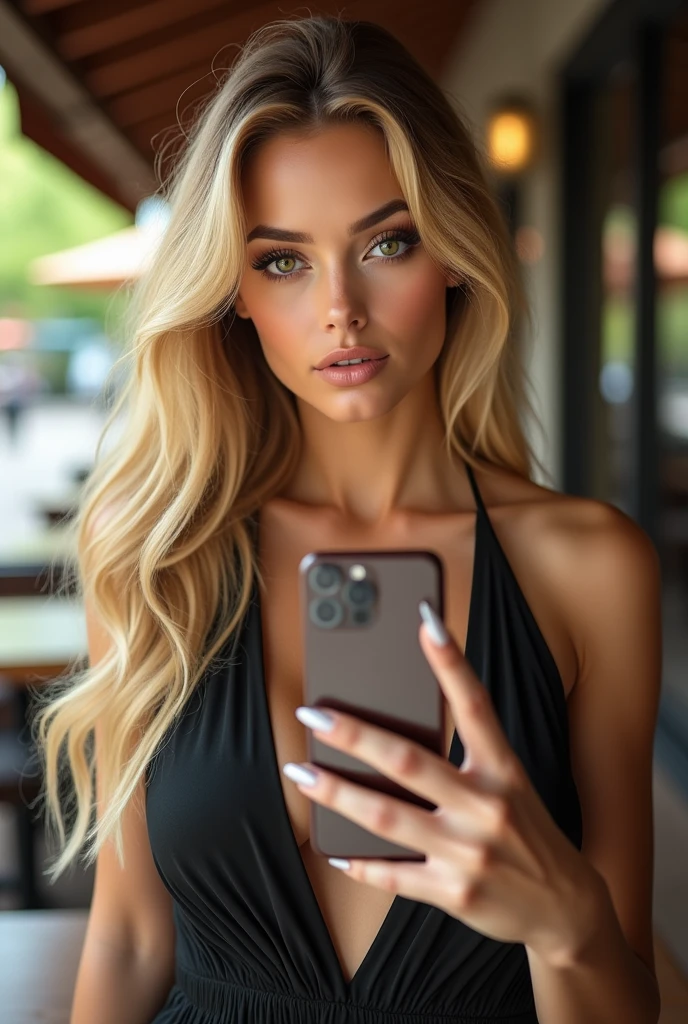 Beautiful doll face woman , long blond hair , large green eyes , big lips , significant face , Beautiful body , large , tight dress , Sharp quality , Outdoor recording, Selfie with iPhone , restaurant