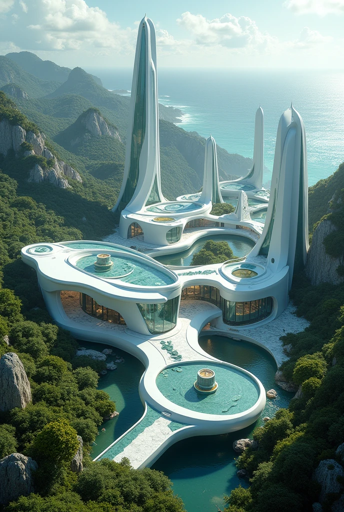 A set of modern scientific laboratory buildings with architecture from the 1960s, and inspired by the civilization of Atlantis
